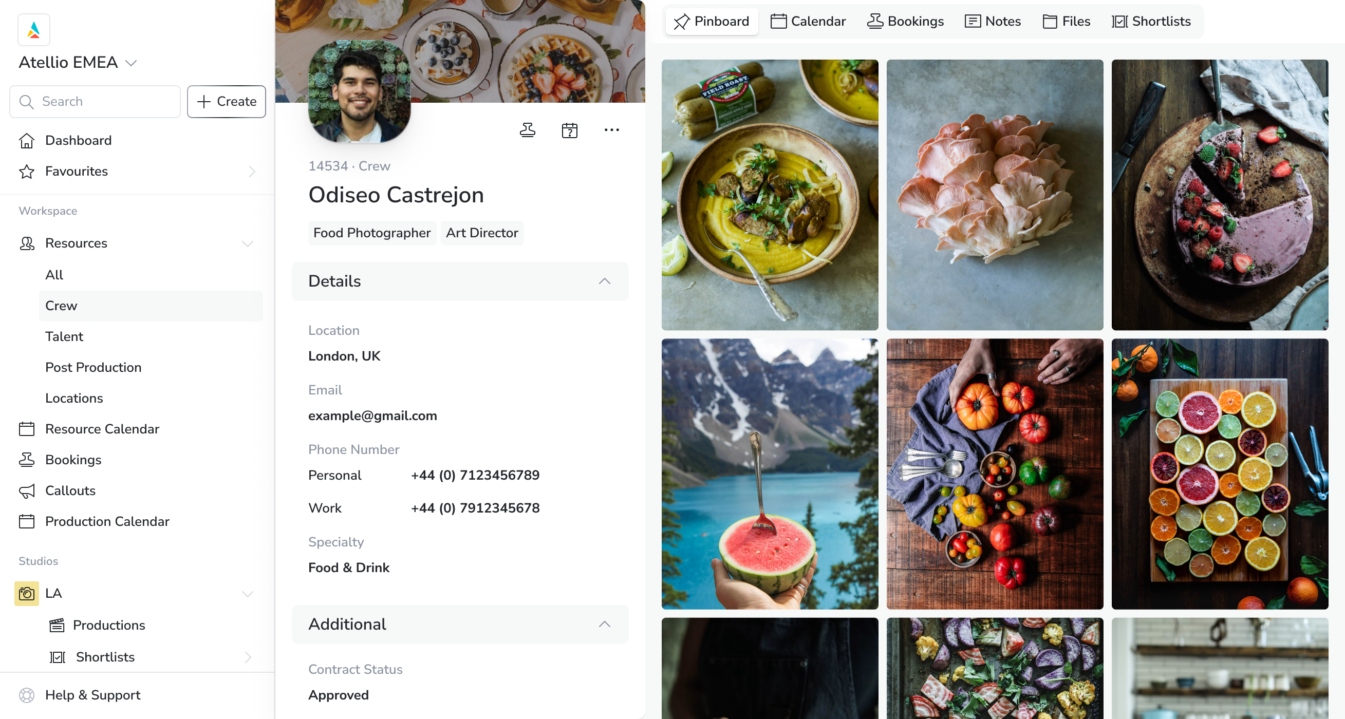 Atellio app showing a crew member's profile with details, bookings and pinboard